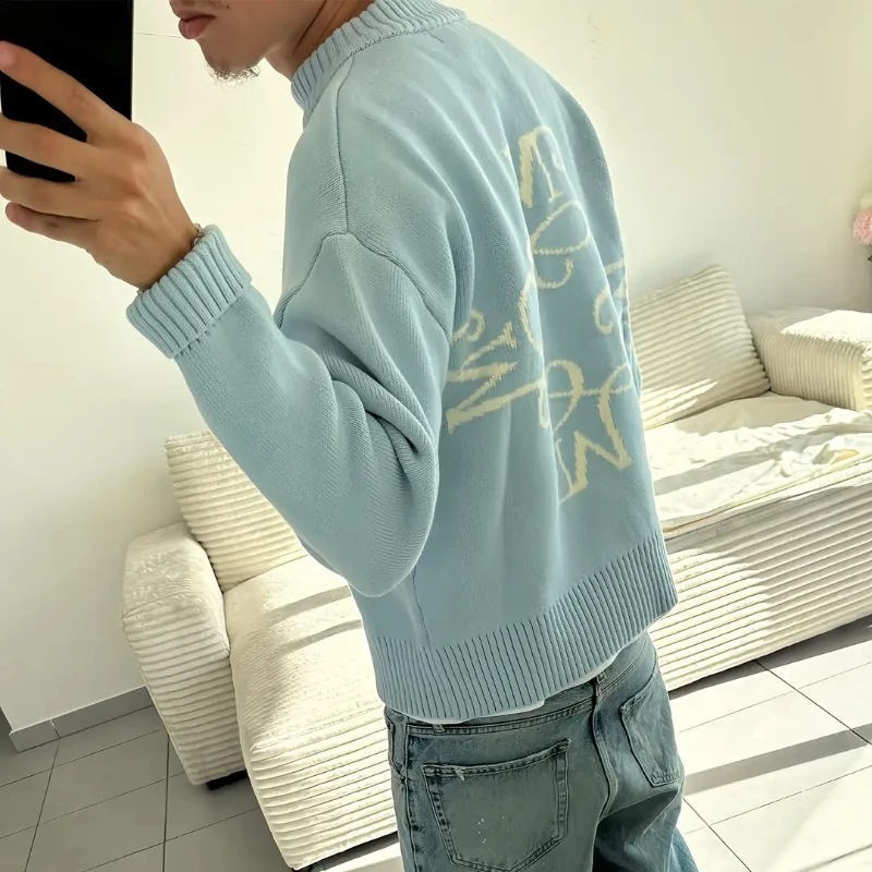 Mens Fashion Jumpers - Y2K Harajuku gebreide hemelsblauwe trui Retro