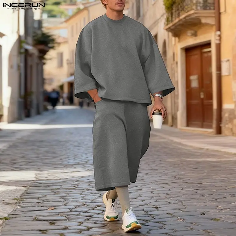 Mens Fashion Streetwear - INCERUN Mannen Sets Effen Kleur Baggy