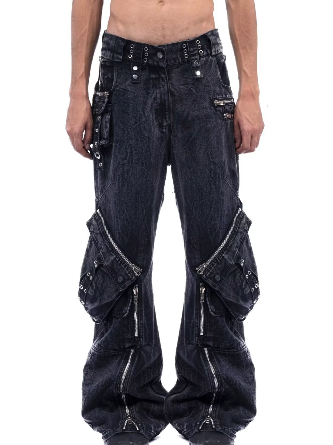 Men'S Fashion With Baggy Jeans - Y2K Zwarte Gothic Punk Multi-Pocket Rits