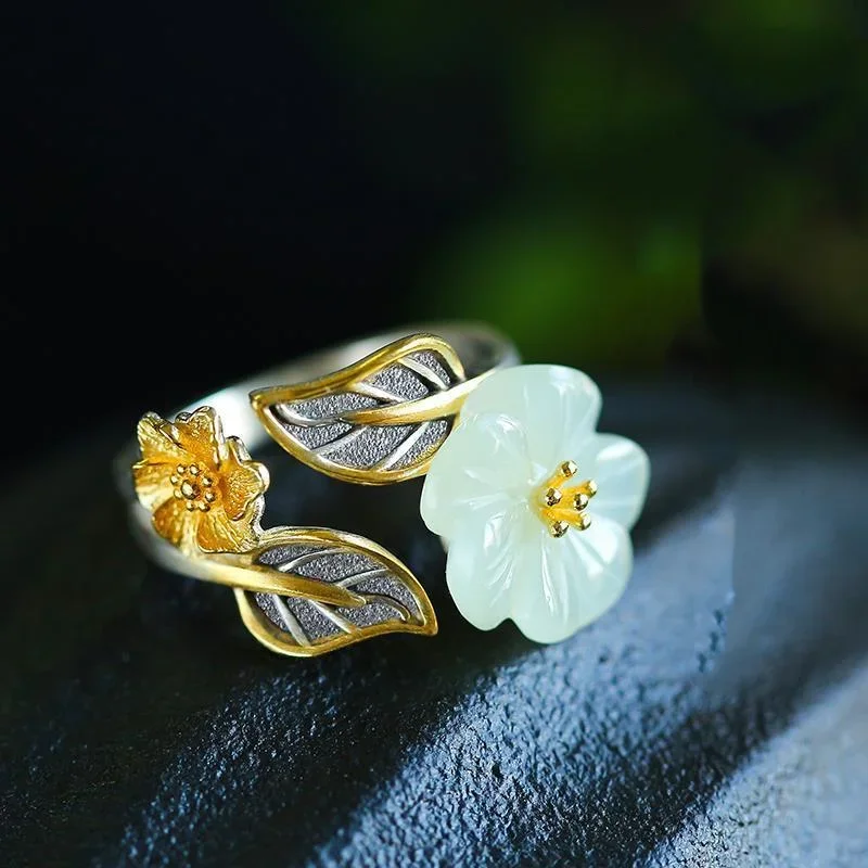 Men'S Fashion Rings - 925 Zilver Witte Tian Jade Bloem
