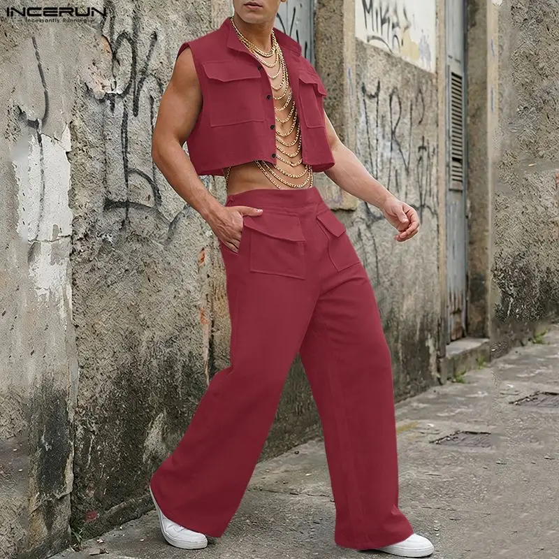 Mens Fashion Streetwear - INCERUN Mannen Sets Solid Mouwloze Crop