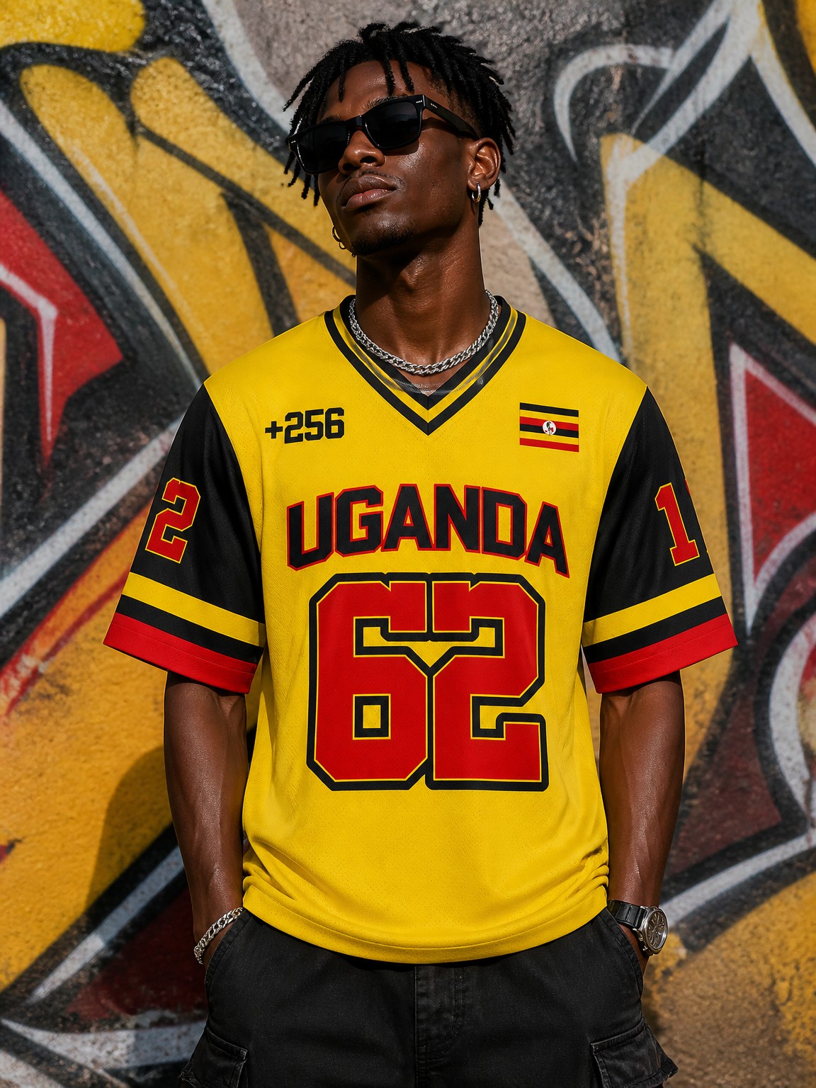 Men Fashion Uganda - Uganda satijnen T-shirt met V-hals, etnisch