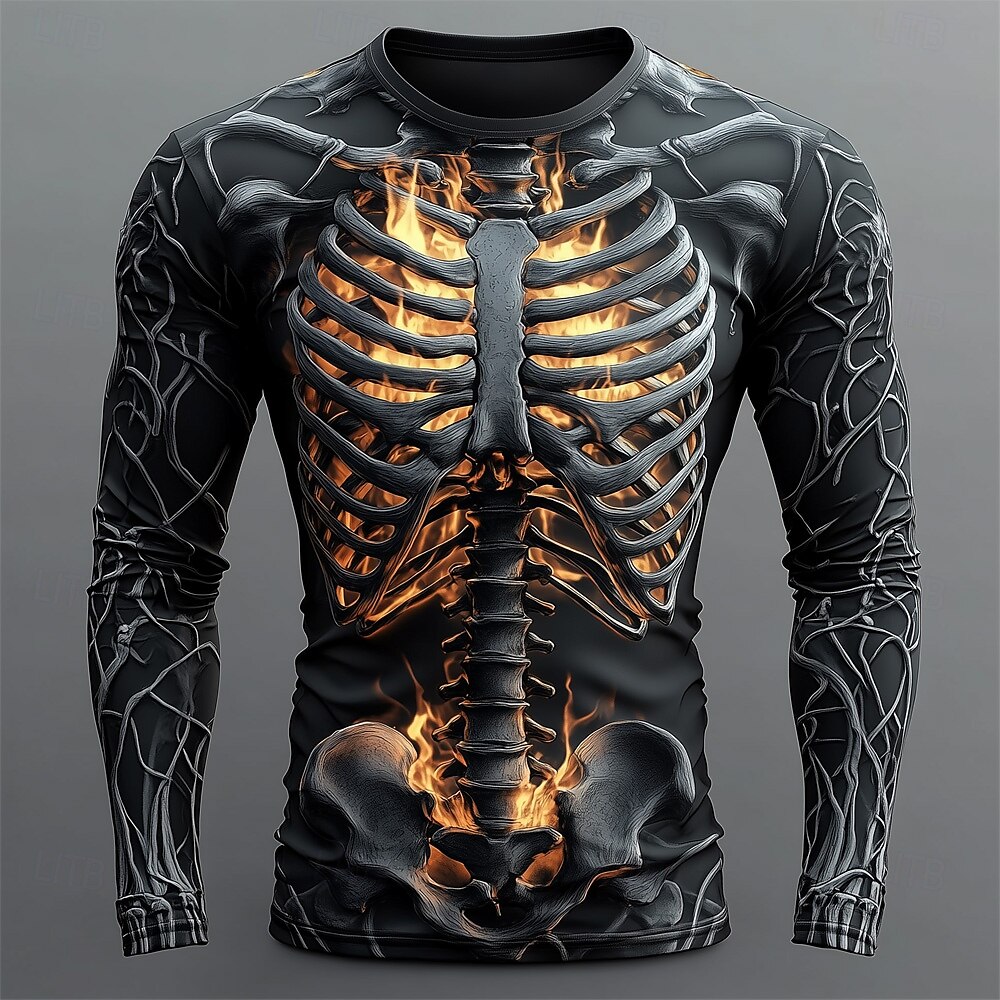 Mens Fashion Streetwear - Heren T-shirt met 3D-vlammen-schedelpatroon, lange mouwen,