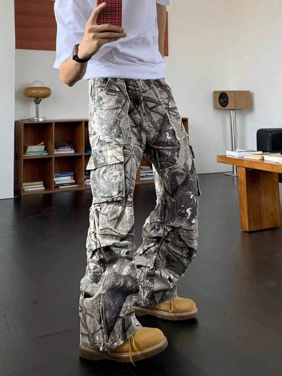Men'S Fashion Trousers - Herenmode cargobroek met bladprint, los uitlopend